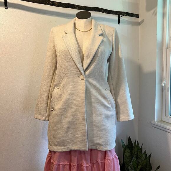 Old Navy Cream Textured Boucle Single Button Pockets Long Jacket Size Large - Picture 2 of 10
